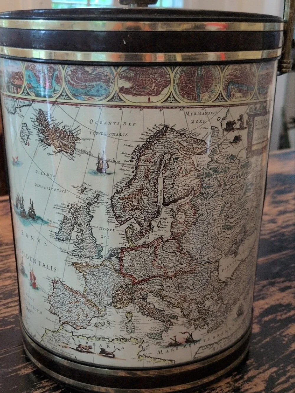 Shelton Ware Old World Map Ice Bucket with Brass Handle - Brown Cream